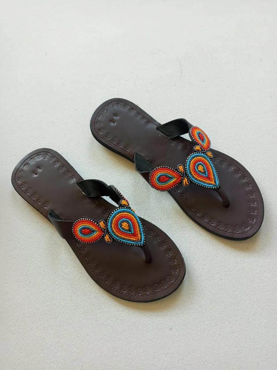 Handmade African Beaded Sandals/Authentic Maasai-Style Leather Flip-Flops Women/Boho Beach Sandals/Comfortable Summer Sandal African Gifts