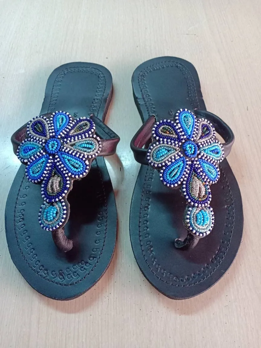 Handmade African Beaded Sandals/Authentic Maasai-Style Leather Flip-Flops Women/Boho Beach Sandals/Comfortable Summer Sandal African Gifts