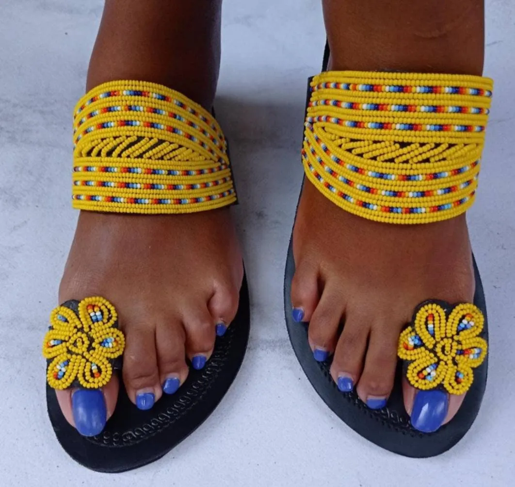 Handmade African Beaded Sandals/Authentic Maasai-Style Leather Flip-Flops Women/Boho Beach Sandals/Comfortable Summer Sandal African Gifts