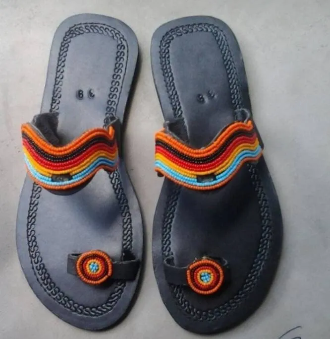 Handmade African Beaded Sandals/Authentic Maasai-Style Leather Flip-Flops Women/Boho Beach Sandals/Comfortable Summer Sandal African Gifts