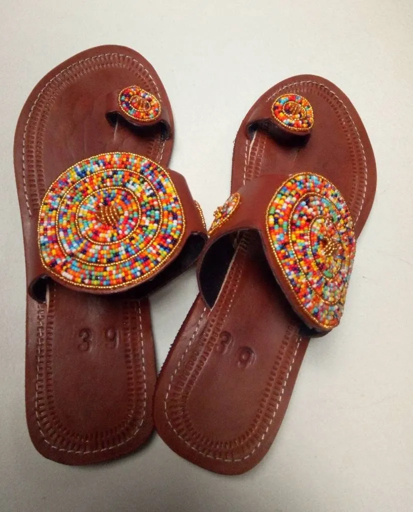Handmade African Beaded Sandals/Authentic Maasai-Style Leather Flip-Flops Women/Boho Beach Sandals/Comfortable Summer Sandal African Gifts