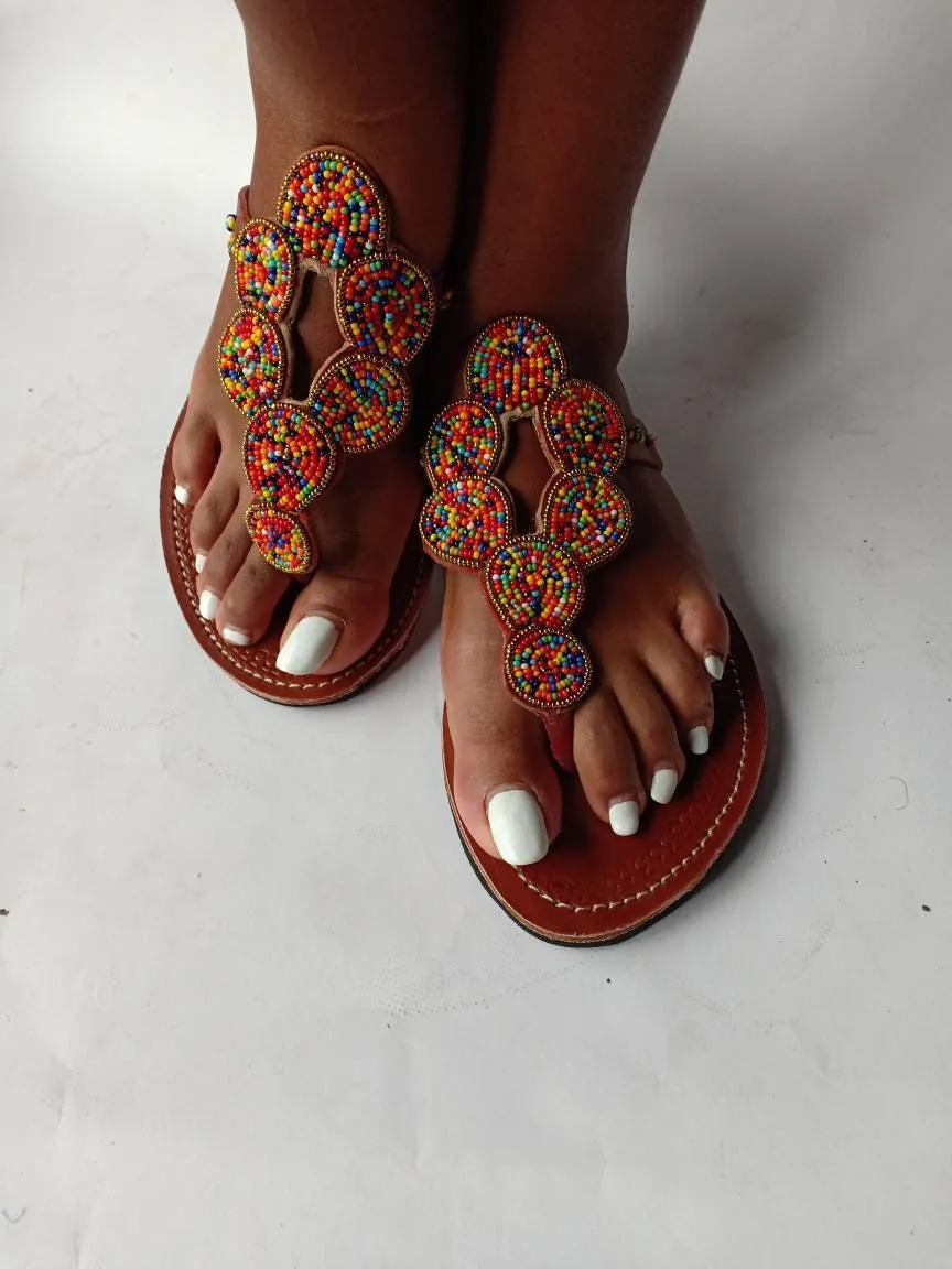 Handmade African Beaded Sandals/Authentic Maasai-Style Leather Flip-Flops Women/Boho Beach Sandals/Comfortable Summer Sandal African Gifts