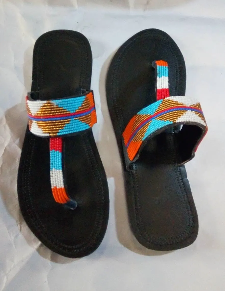 Handmade African Beaded Sandals/Authentic Maasai-Style Leather Flip-Flops Women/Boho Beach Sandals/Comfortable Summer Sandal African Gifts