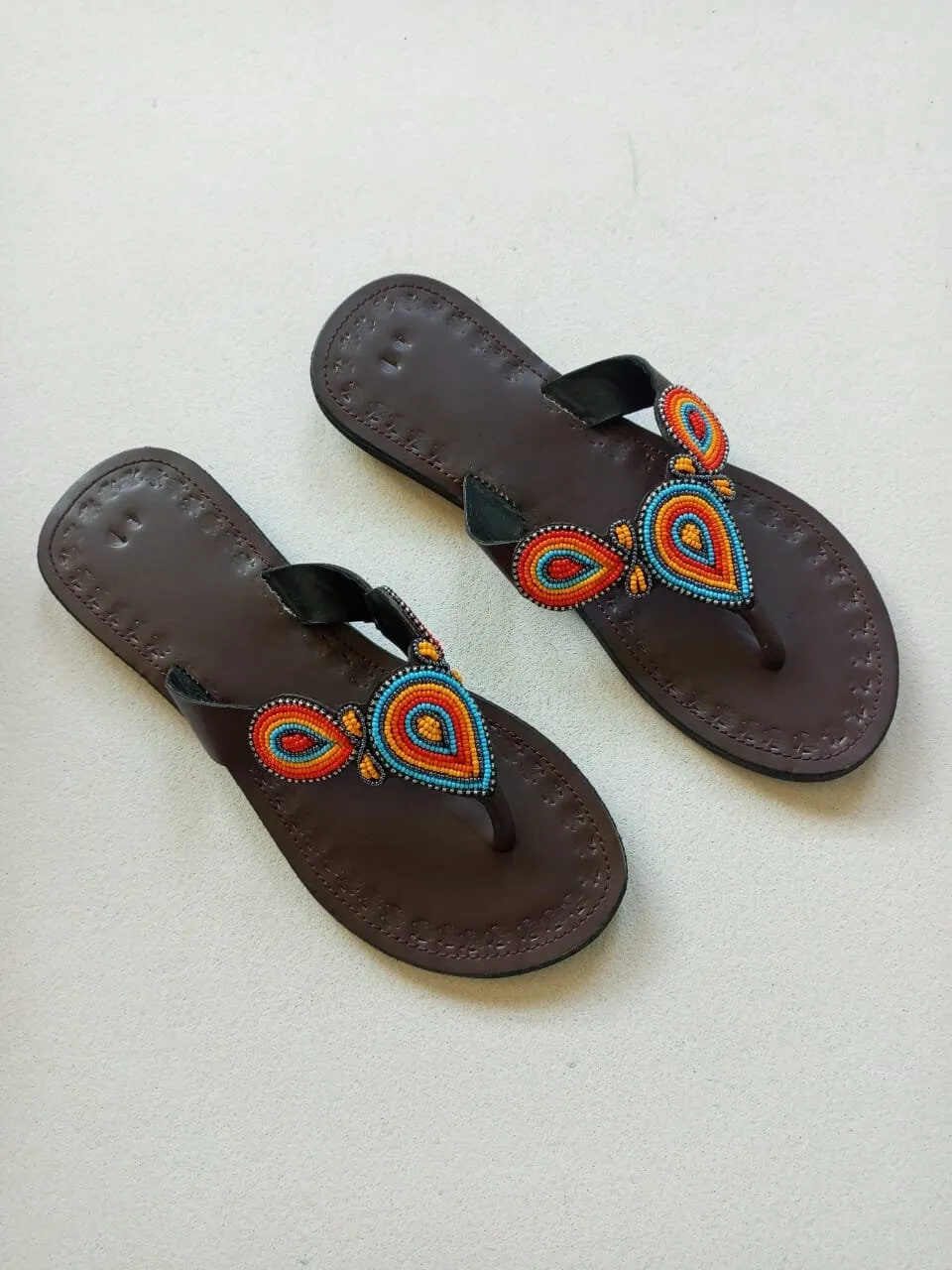 Handmade African Beaded Sandals/Authentic Maasai-Style Leather Flip-Flops Women/Boho Beach Sandals/Comfortable Summer Sandal African Gifts