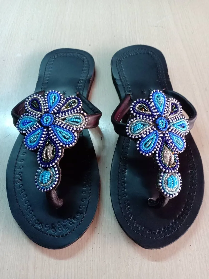 Handmade African Beaded Sandals/Authentic Maasai-Style Leather Flip-Flops Women/Boho Beach Sandals/Comfortable Summer Sandal African Gifts