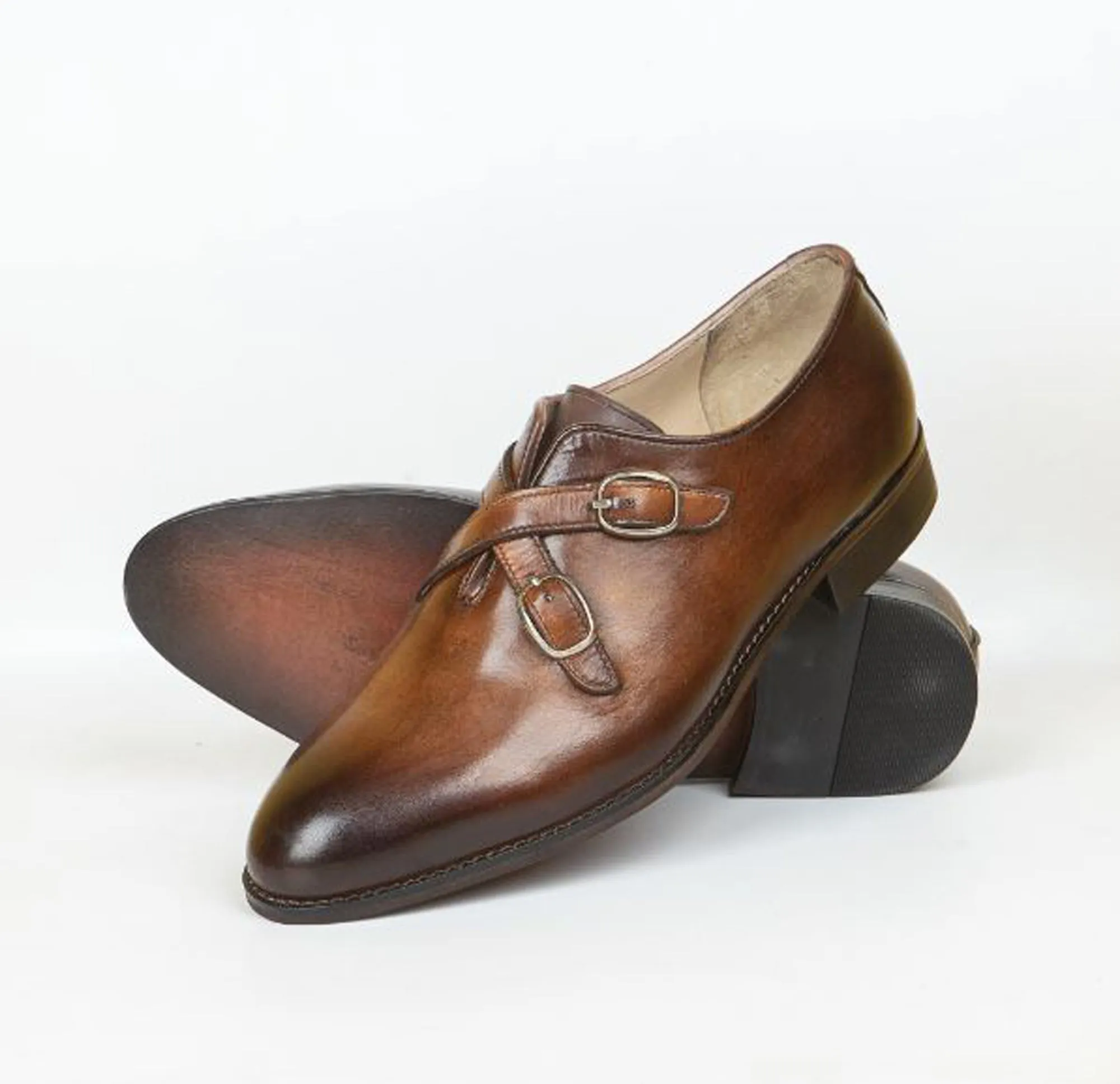 Handmade Brown Color Genuine Calf Leather Stylish Cross Double Monk Strap Shoes For Men's