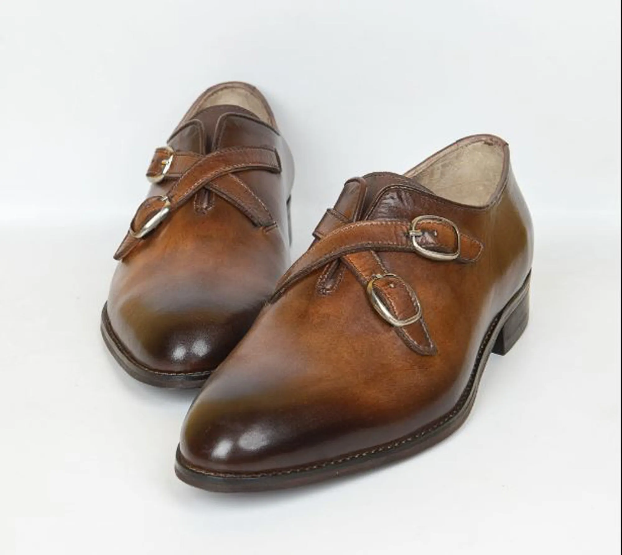 Handmade Brown Color Genuine Calf Leather Stylish Cross Double Monk Strap Shoes For Men's