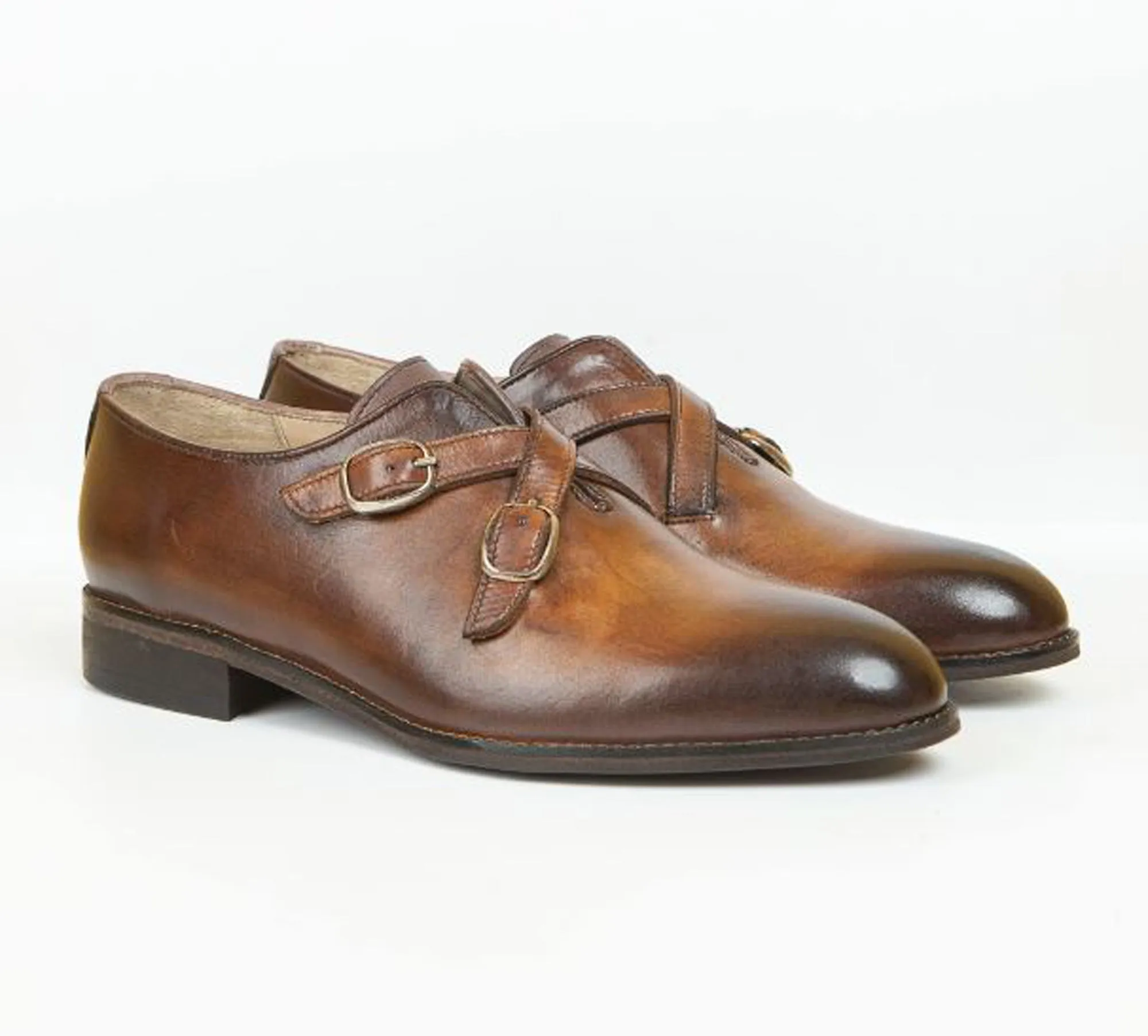 Handmade Brown Color Genuine Calf Leather Stylish Cross Double Monk Strap Shoes For Men's