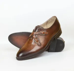 Handmade Brown Color Genuine Calf Leather Stylish Cross Double Monk Strap Shoes For Men's