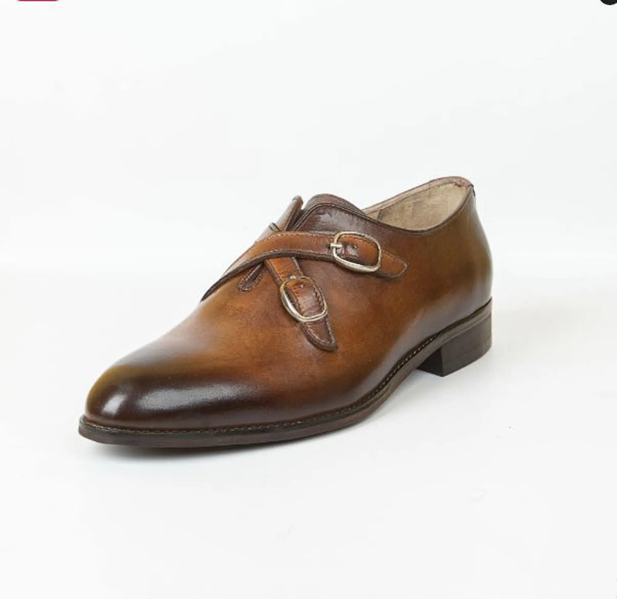 Handmade Brown Color Genuine Calf Leather Stylish Cross Double Monk Strap Shoes For Men's