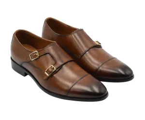 Handmade Brown Leather Double Monk Shoes for Men