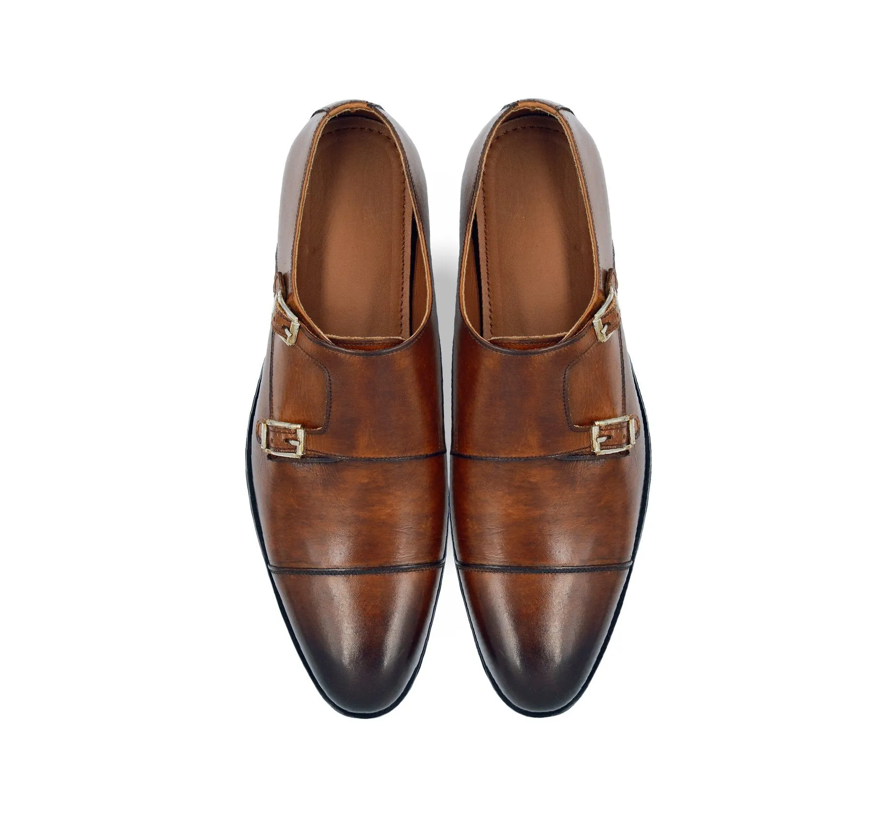 Handmade Brown Leather Double Monk Shoes for Men