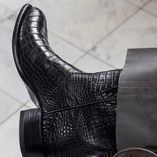 Handmade Croc Print Leather Slip On Western Cowboy Boots