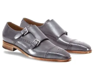 Handmade Gray Leather Double Buckle Monk Strap Brogue Shoes