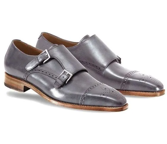 Handmade Gray Leather Double Buckle Monk Strap Brogue Shoes