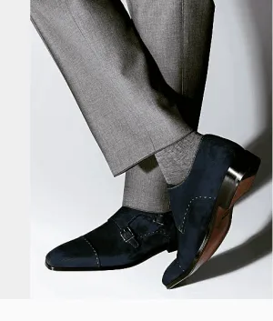 Handmade Monk Strap Shoes, Navy Blue Suede Dress Shoes