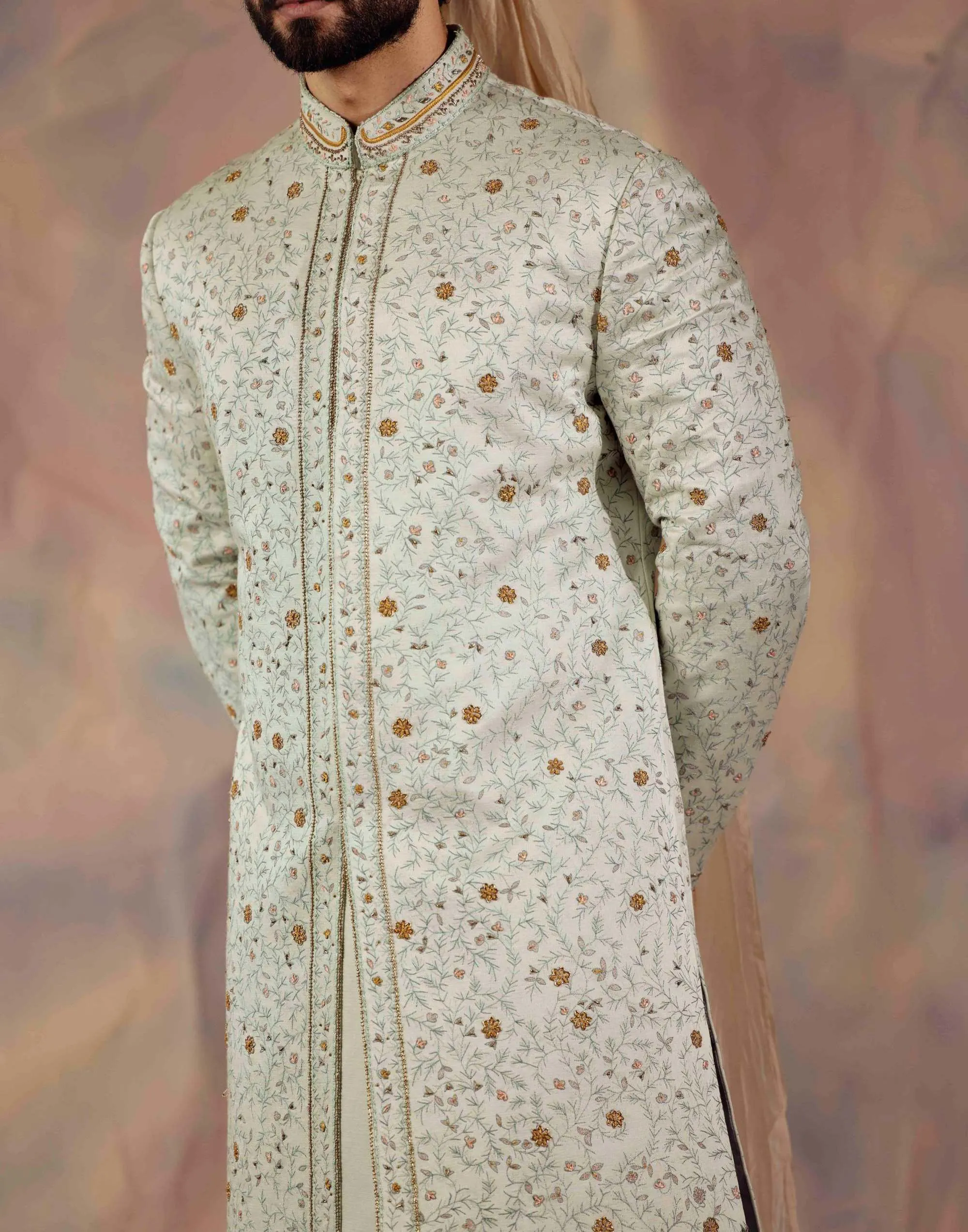 Hazy Blue Embroidered Sherwani Set