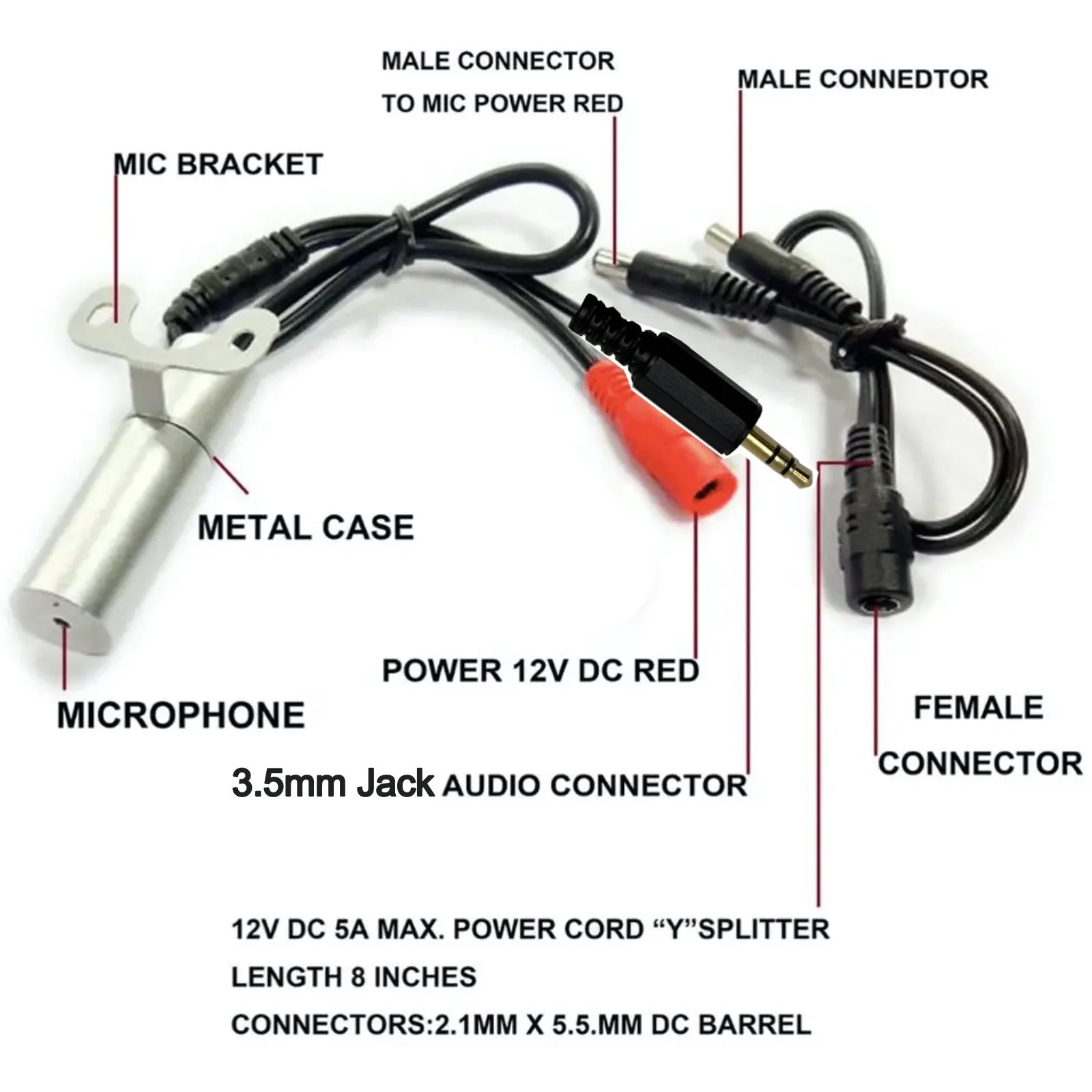 IP Camera CCTV Microphone 3.5mm Jack Plug Output 2.1mm DC plug 6-12V input Solid Metal Housing & Bracket