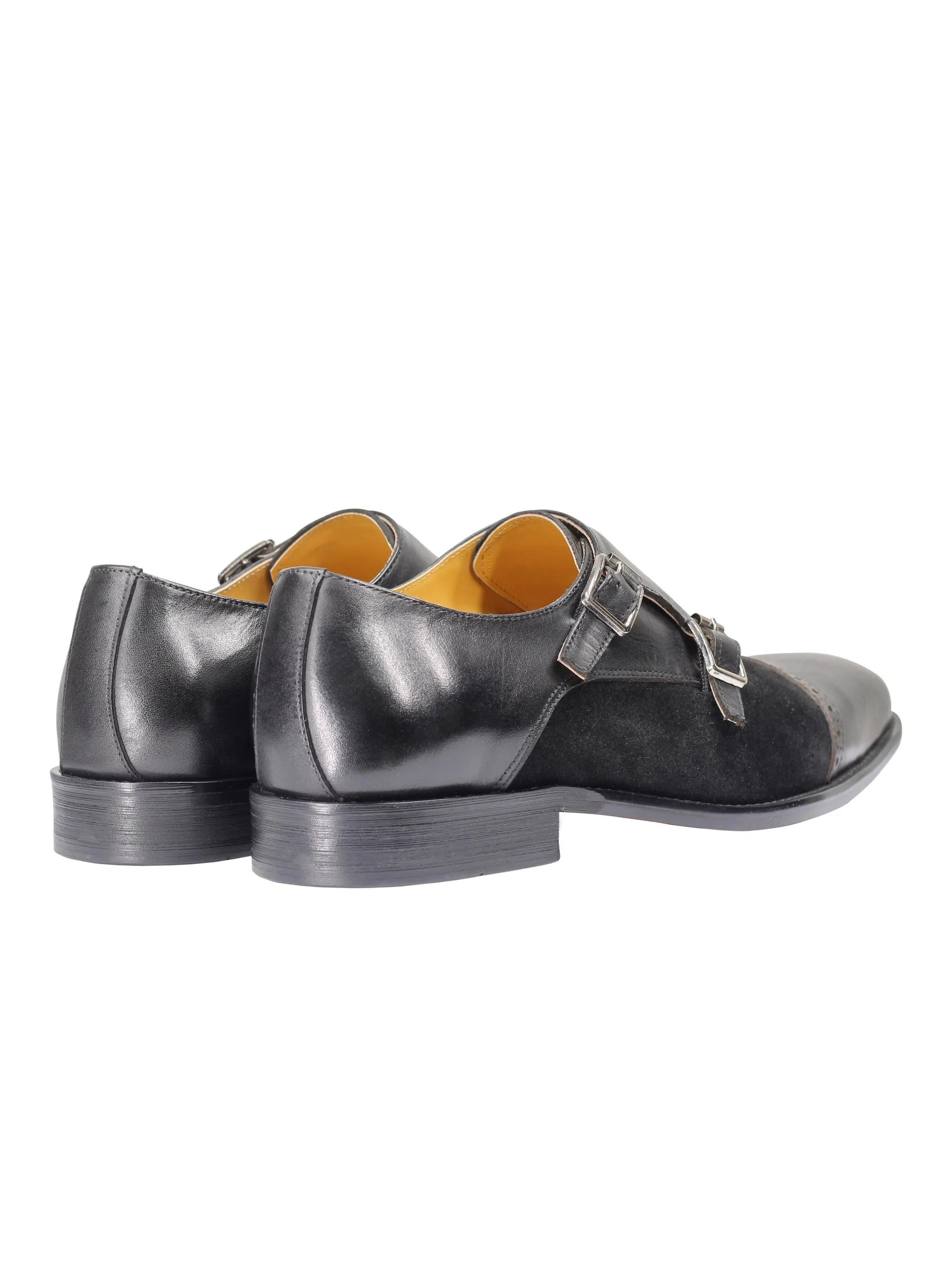 Leather & Suede Black Double Monk Shoes