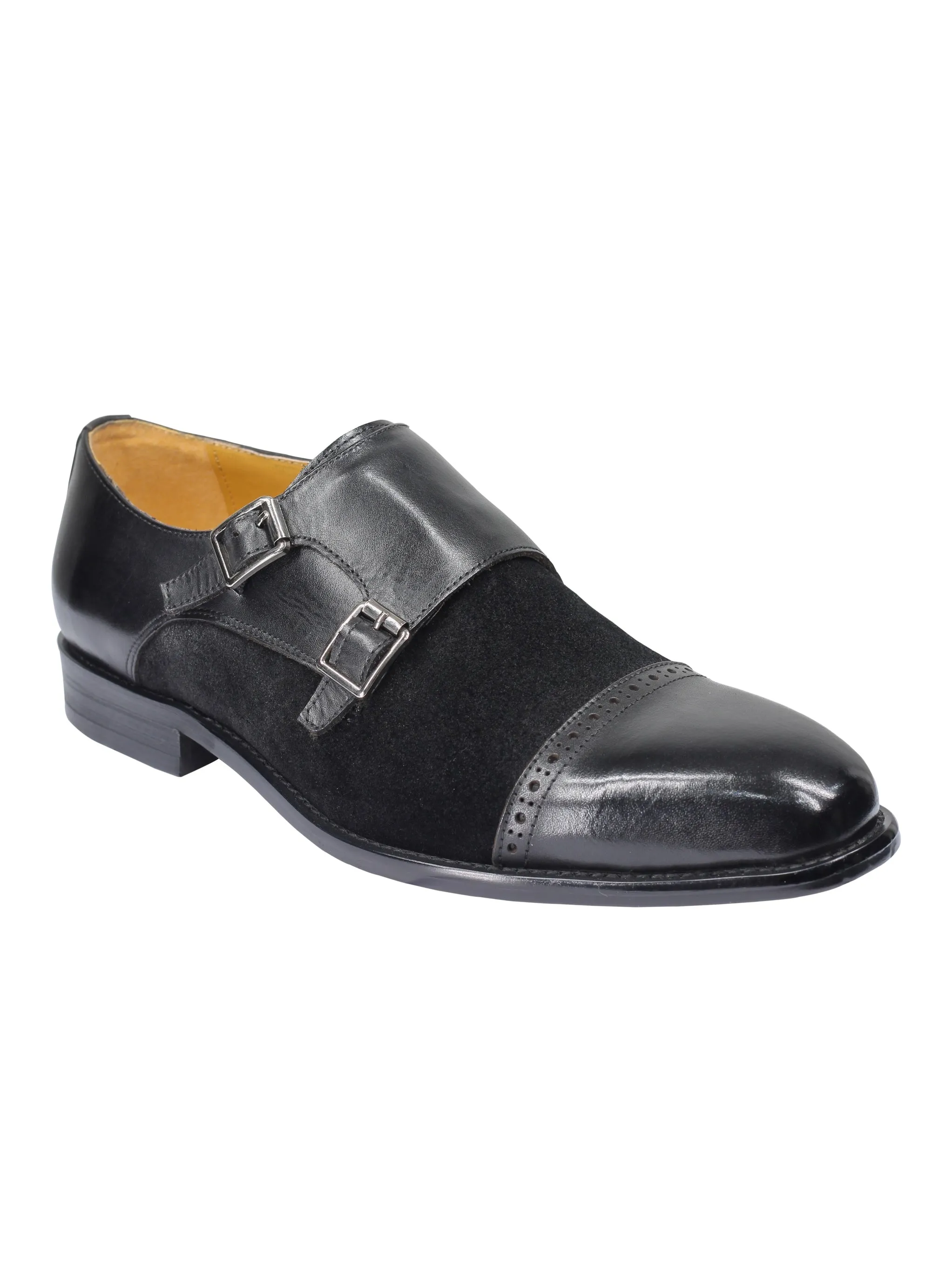 Leather & Suede Black Double Monk Shoes