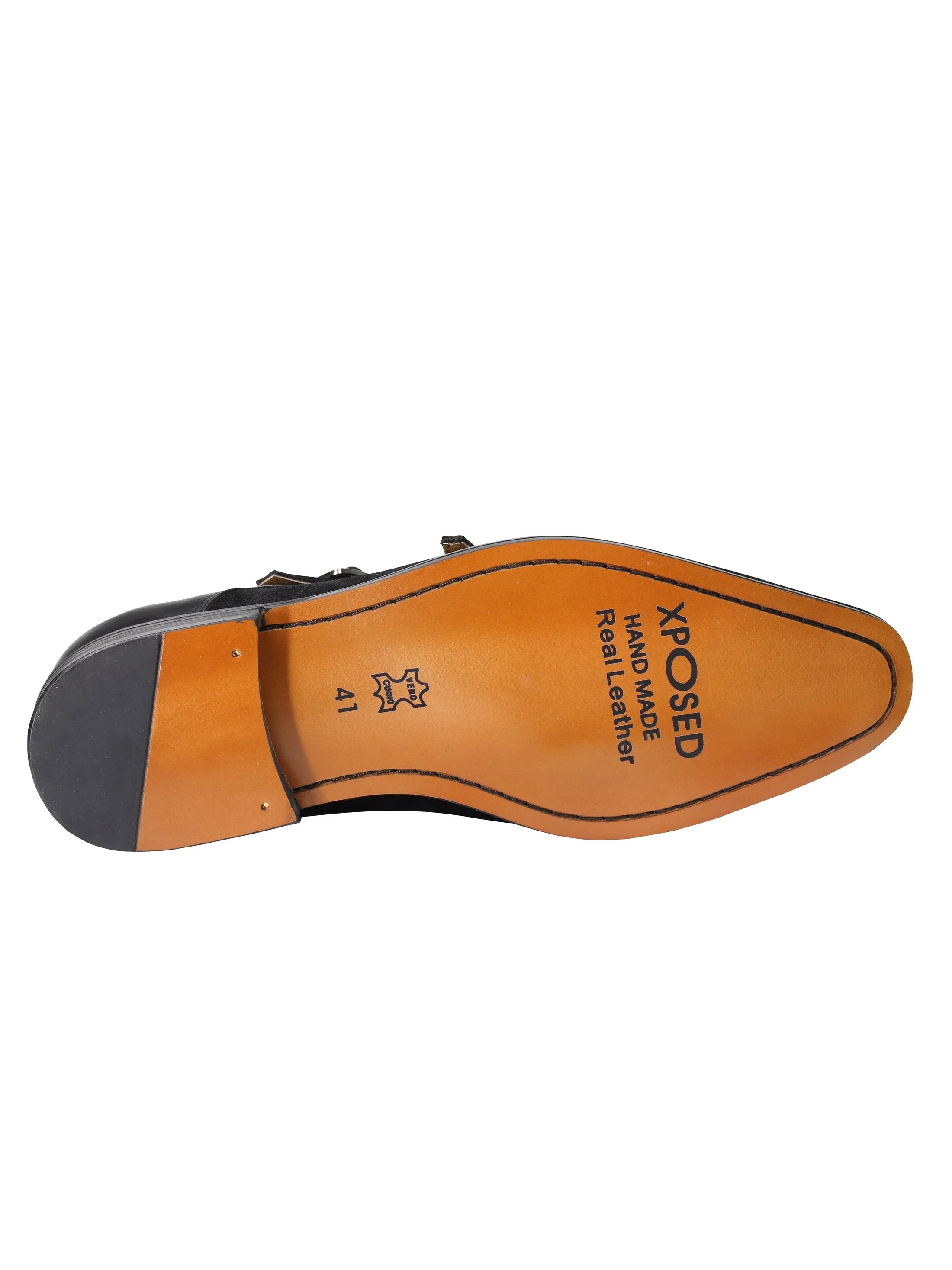 Leather & Suede Black Double Monk Shoes