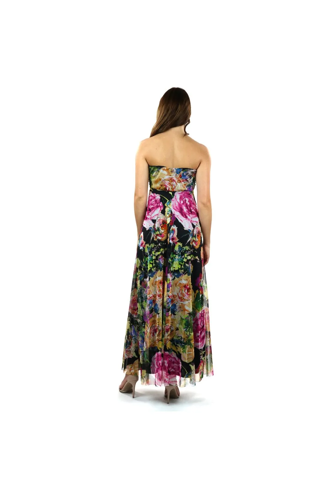 LINA Long Strapless Flared Empire Mesh Print Dress