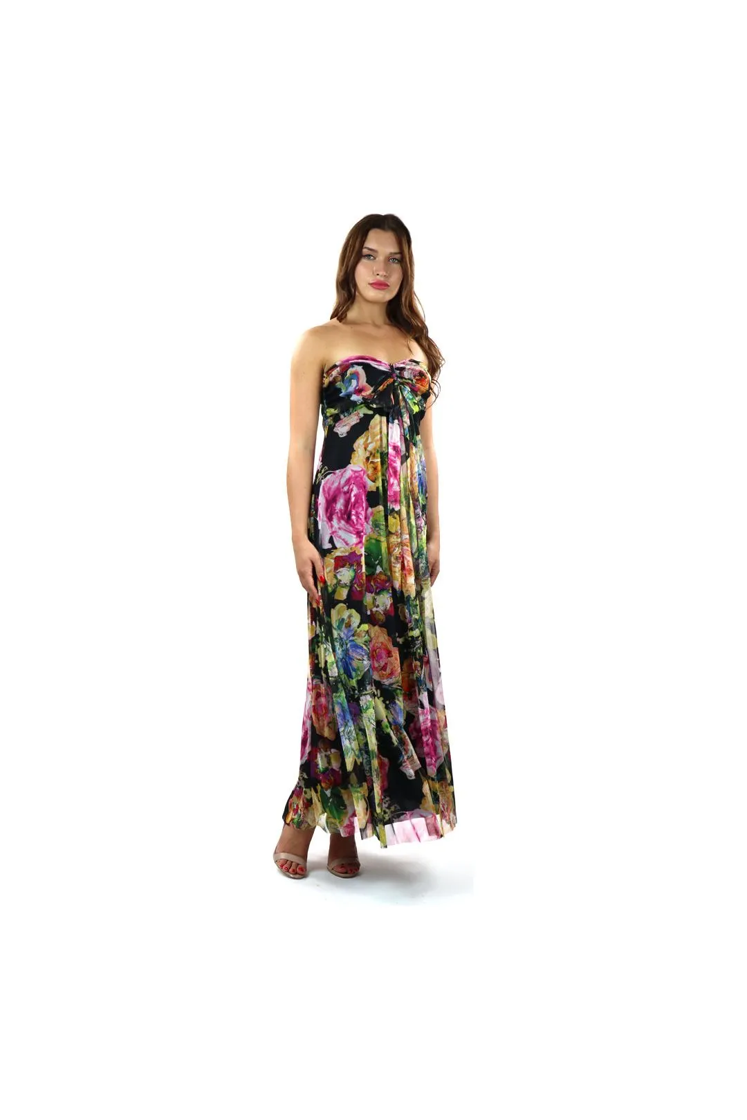 LINA Long Strapless Flared Empire Mesh Print Dress