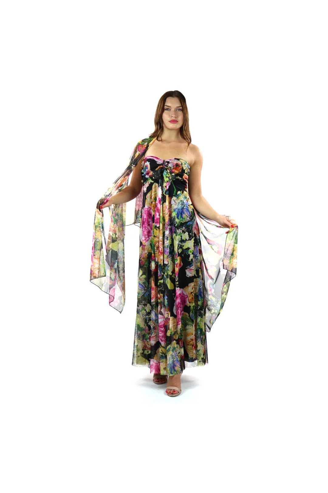 LINA Long Strapless Flared Empire Mesh Print Dress