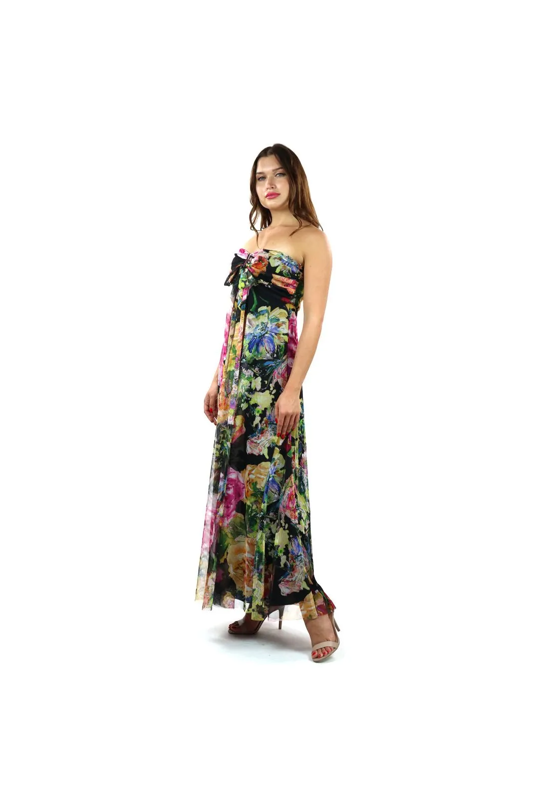 LINA Long Strapless Flared Empire Mesh Print Dress