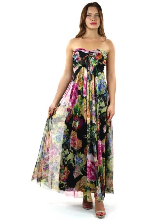LINA Long Strapless Flared Empire Mesh Print Dress