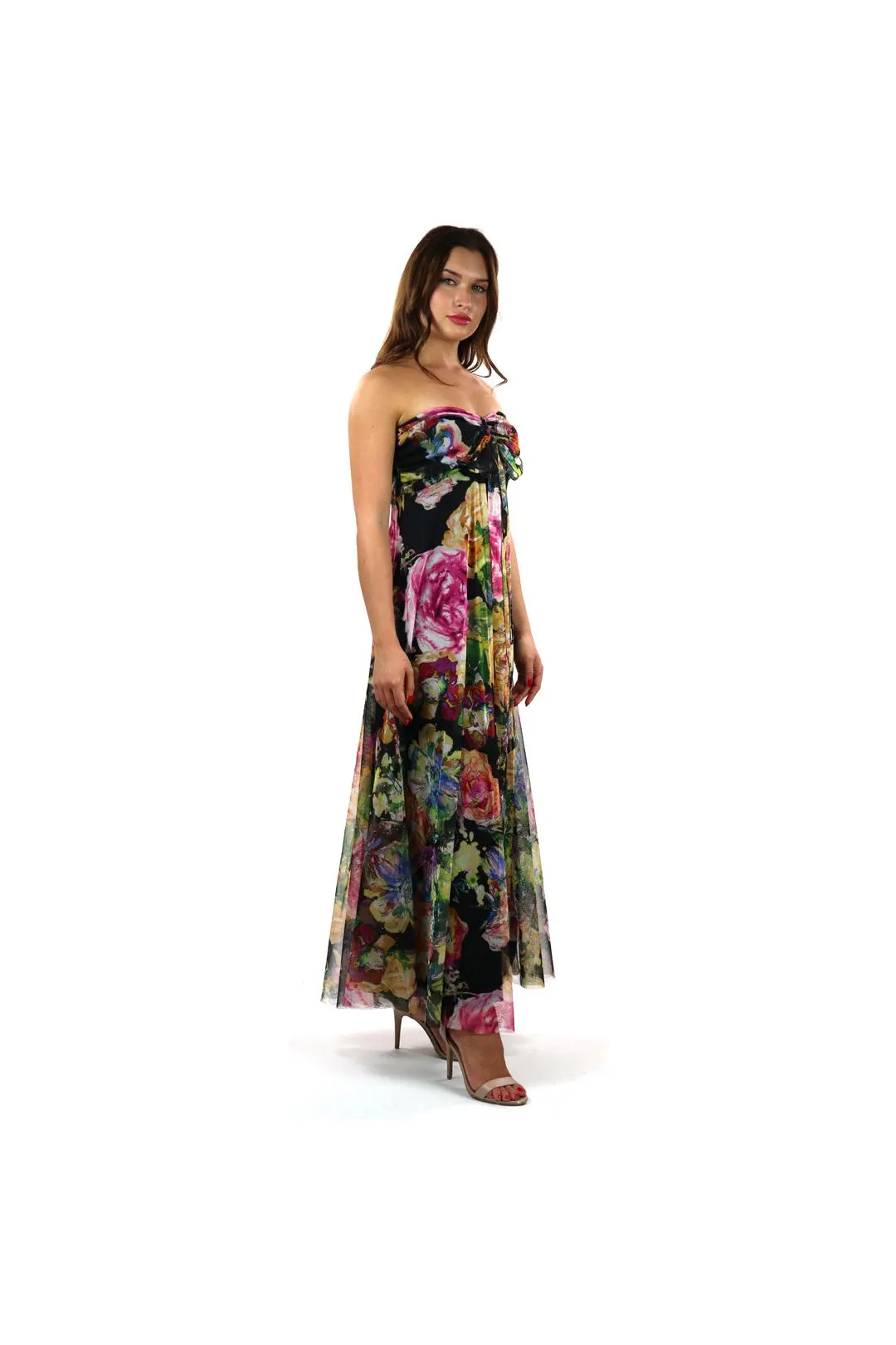 LINA Long Strapless Flared Empire Mesh Print Dress