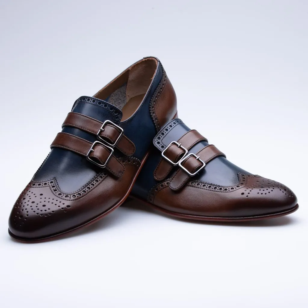 Men's Two Tone Double Monk Fringe Leather Dress Shoes