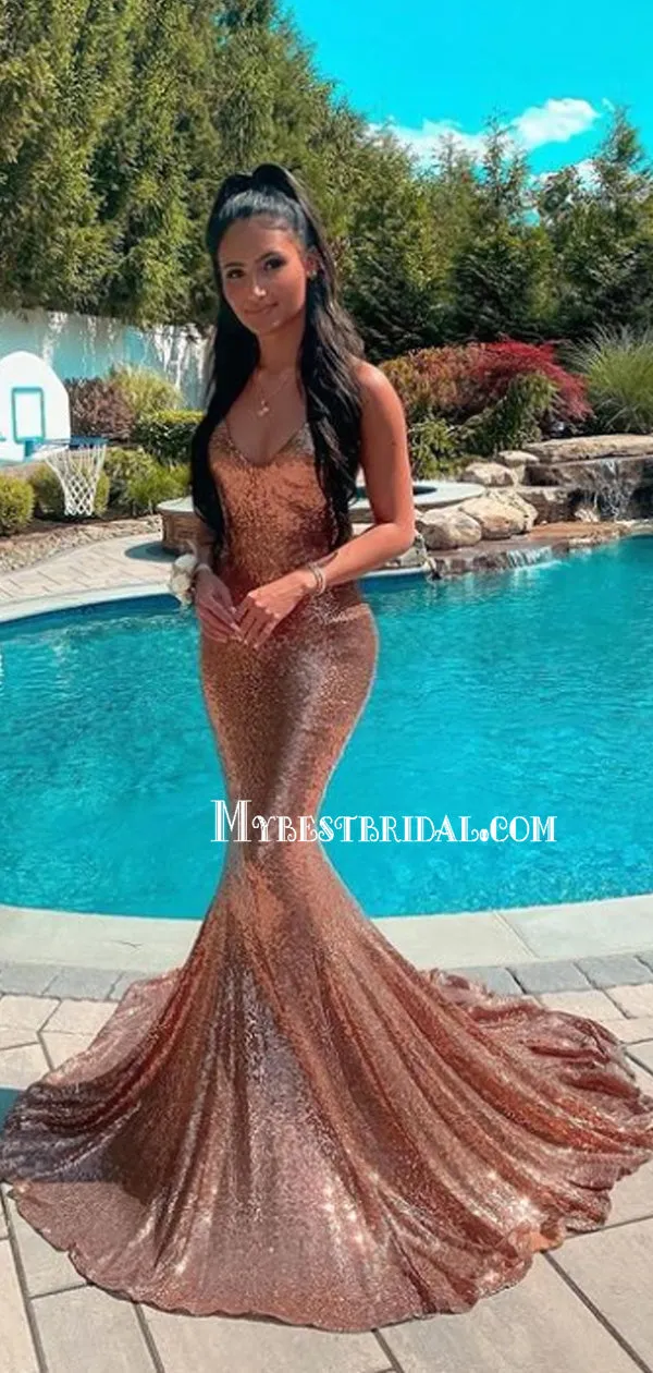 Mermaid Spaghetti Straps Backless Sequin Prom Dresses,Cheap Prom Dresses,PDY0495