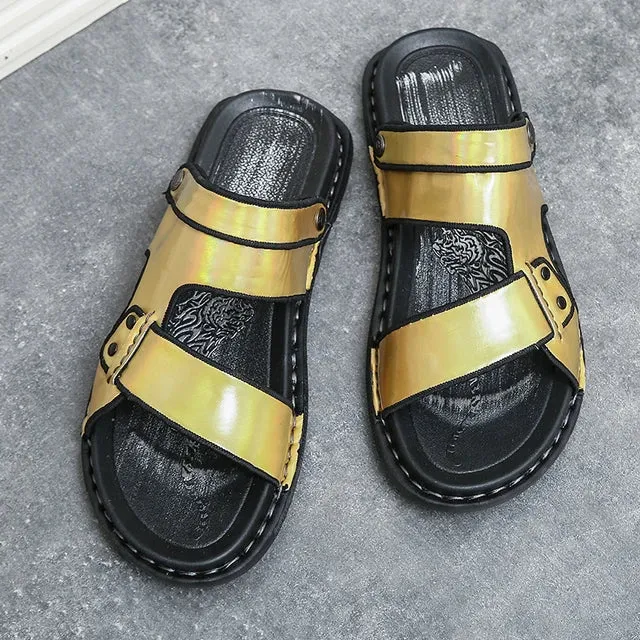 Neue Ledersandalen Sommermode Handgefertigte Herrenflats Hollow Lederschuhe Gold Schwarz