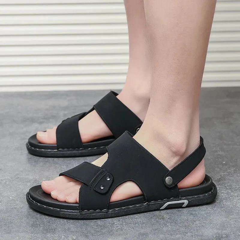 Neue Ledersandalen Sommermode Handgefertigte Herrenflats Hollow Lederschuhe Gold Schwarz