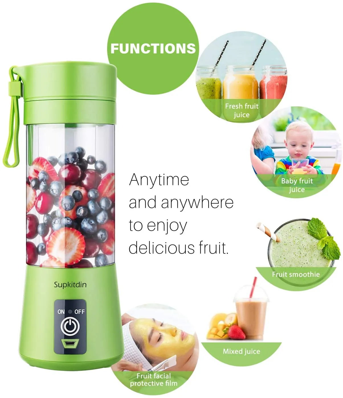 New in box! Supkitdin Portable Blender, Personal Mixer Fruit Rechargeable with USB, Mini Blender for Smoothie, Fruit Juice, Milk Shakes, 380ml, Six 3D Blades for Great Mixing (Green)