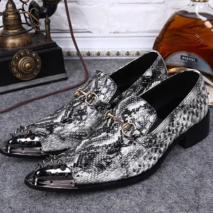 New Leather Breathable Pointed Toe Men's Shoes British Fashion Patent Leather Snakeskin Pattern Dress Shoes Trend Korean Low-top Shoes