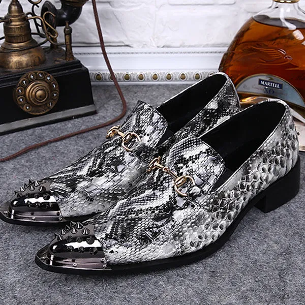 New Leather Breathable Pointed Toe Men's Shoes British Fashion Patent Leather Snakeskin Pattern Dress Shoes Trend Korean Low-top Shoes