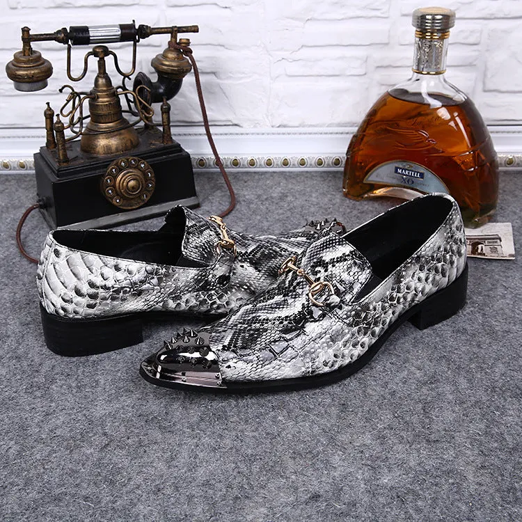 New Leather Breathable Pointed Toe Men's Shoes British Fashion Patent Leather Snakeskin Pattern Dress Shoes Trend Korean Low-top Shoes