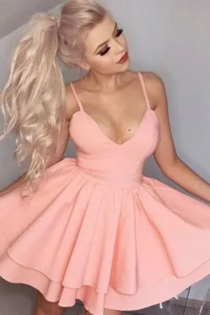 Pink Simple V neck Spaghetti Straps Homecoming Dresses, Short Prom Dresses, MH283