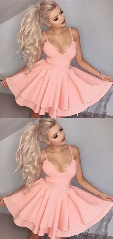 Pink Simple V neck Spaghetti Straps Homecoming Dresses, Short Prom Dresses, MH283