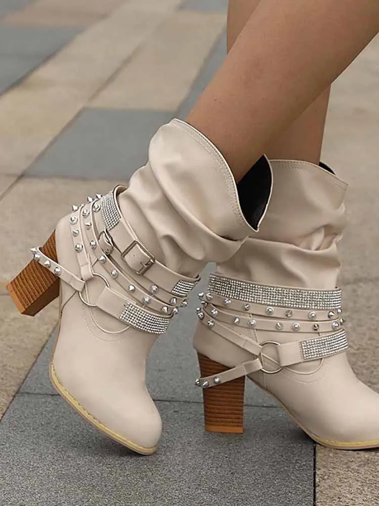 Rhinestone Buckle Ankle Boots
