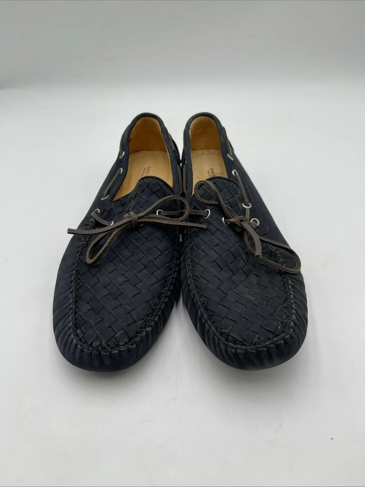 Saks Fifth Avenue Woven Leather Driving Moccasins Navy Blue Size 10.5M - Very Good