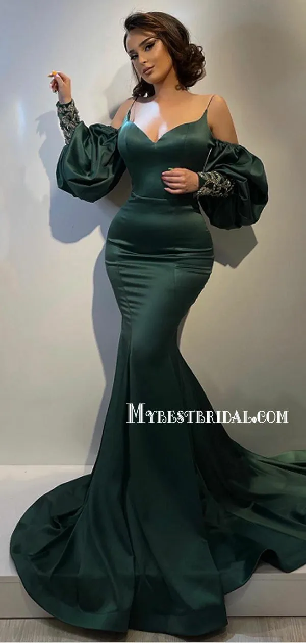 Sexy Spaghetti Strap V-neck Mermaid Long Prom Dresses, PDS0153