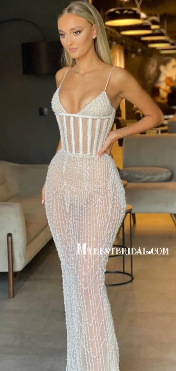Sexy Spaghetti Strap V-neck Mermaid Sequin Long Prom Dresses, PDS0208