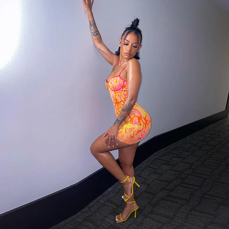 Sexy Strap Backless Print Slim Dress