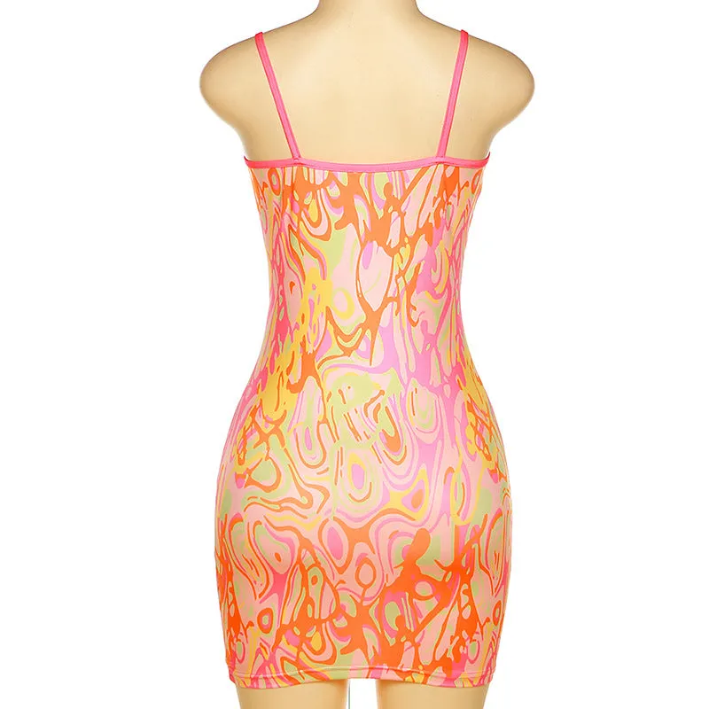 Sexy Strap Backless Print Slim Dress