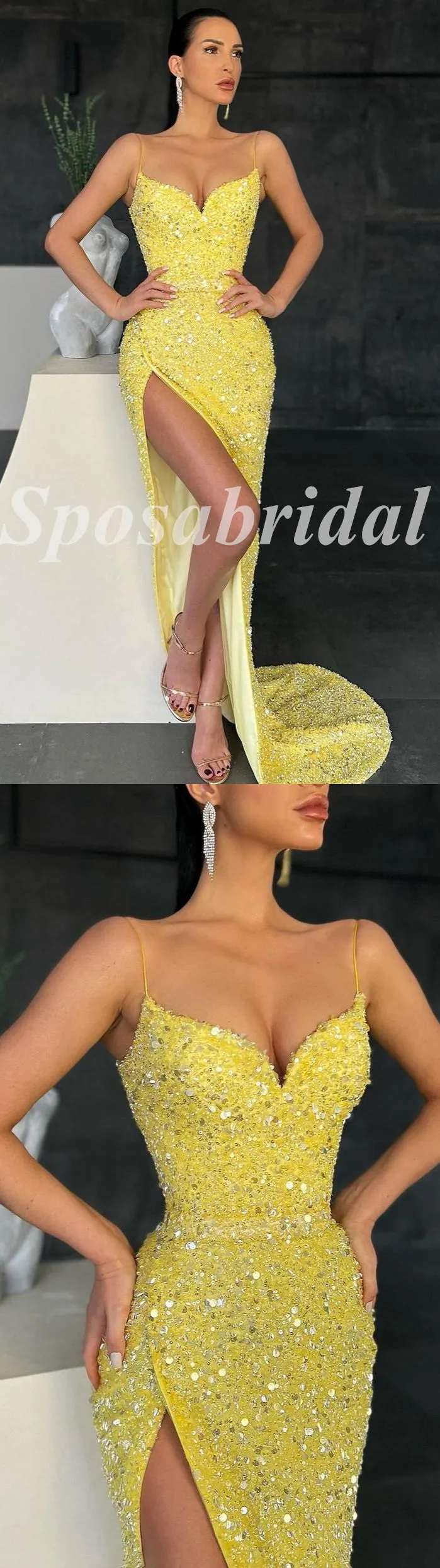 Sexy Yellow Sequin Spaghetti Straps V-Neck Sleeveless Side Slit Mermaid Long Prom Dresses,PD3645