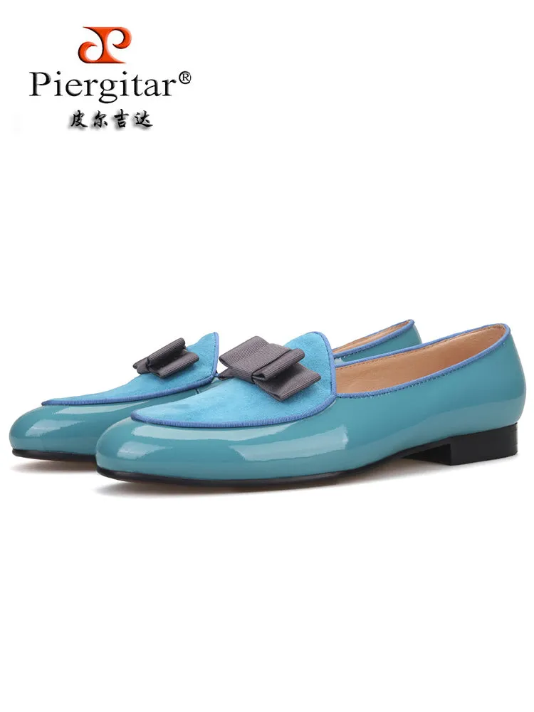 Sky blue patent leather and frosted leather men's loafers European and American style catwalk party style bow design dress shoes