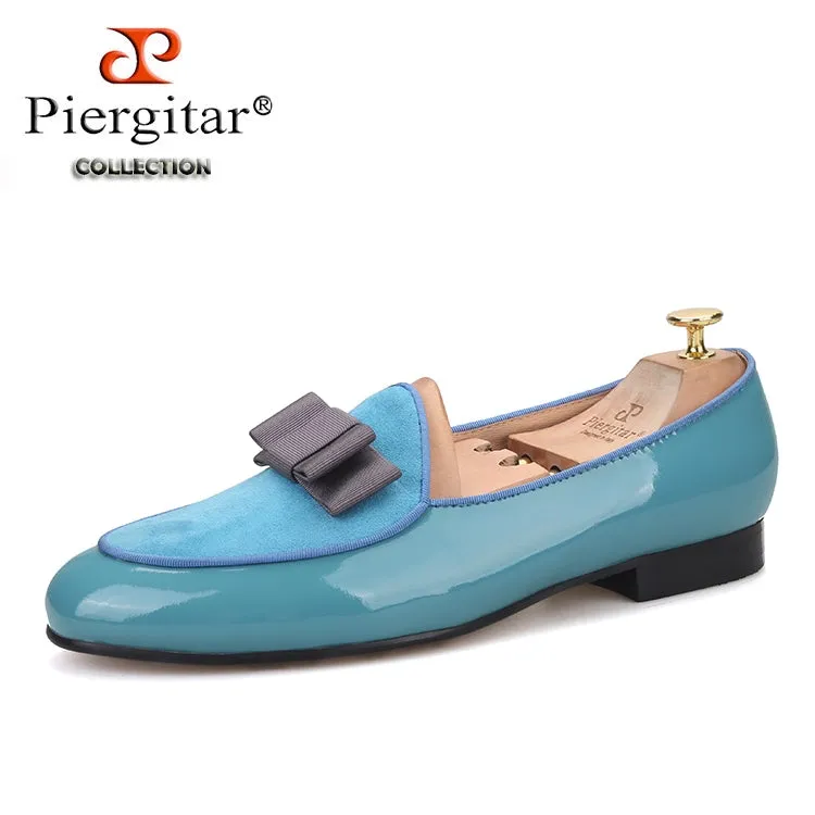 Sky blue patent leather and frosted leather men's loafers European and American style catwalk party style bow design dress shoes